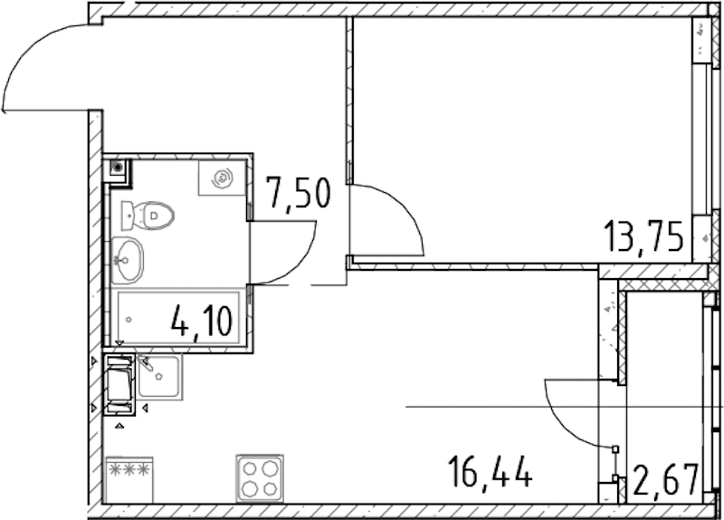 1-комнатная квартира 41.79 м², 13/17 эт., ЖК «Город Первых»